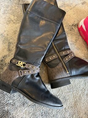 Michael Kors Black Leather Riding Boots with Brown MK Monogram & Gold Hardware